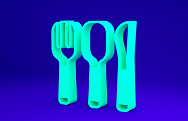 Fototapeta premium Green Fork, spoon and knife icon isolated on blue background. Cooking utensil. Cutlery sign. Minimalism concept. 3d illustration 3D render