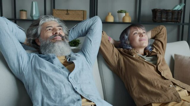 Cheerful couple mature man and middle-aged woman are relaxing sitting on couch in apartment smiling enjoying leisure time. Happiness and relaxation concept.