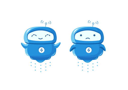 Little Flying Robot Mascot Character. Good Luck And Bad Luck. Joyful And Sad. Chat Bot. Cartoon Vector Illustration.