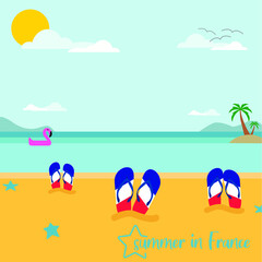 Fototapeta na wymiar Poster of summer in France. Flip-flops on the French beach.