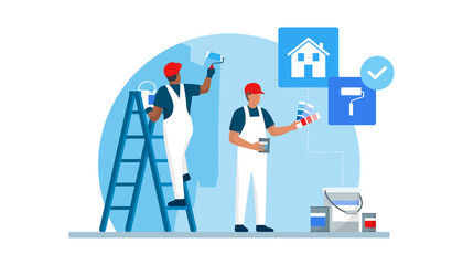 Professional painters painting walls in a residential room