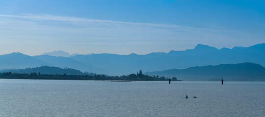 Early morning view of the Upper Zurich Lake (Obersee), Hurden, Sxhwyz, Switzerland