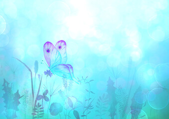 Fototapeta na wymiar Meadow wild flowers, herbs, grasses horizontal background with colorful butterfly