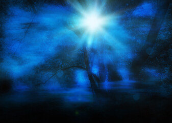 Fantasy night forest with river