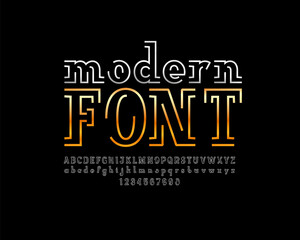 Metalic striped font slab serif, alphabet from two gold and silver stripes, uppercase and lowercase letters and numbers, vector illustration 10EPS