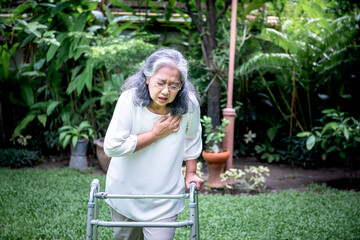 Asian elderly woman, are suffering from angina Due to heart disease, as she walk with walker on the green lawn, to people elderly heart disease and health care concept.