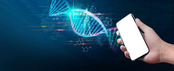 Blank screen mobile phone of DNA concept ideas with Digital Virtual analysis chromosome DNA human...
