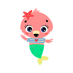 Flat vector illustration of cute cartoon flamingo mermaid. Summer tropical animals