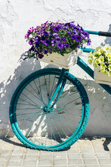 Fototapeta na wymiar Bicycle with flower baskets leaning against an old white wall