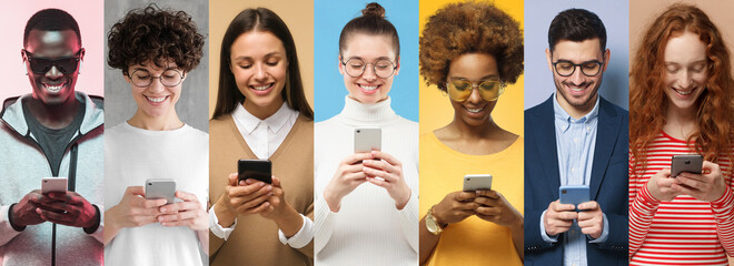 Phone people set. Group of smiling diverse men and women texting or browsing with smartphones,...