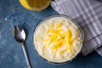 Traditional Delicious Turkish dessert; Lemon rice pudding (Turkish name; Limonlu Sutlac)