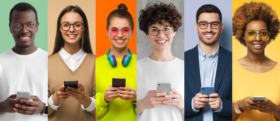 Portrait set of many happy men and women using smartphones. Young multiethnic group of people with...