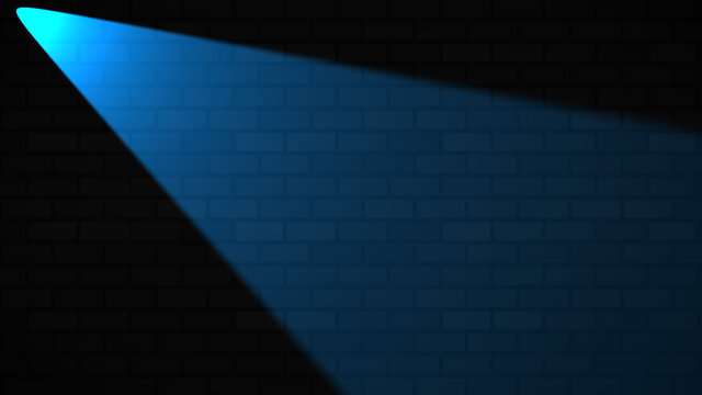 Empty brick wall with aqua neon spotlight with copy space. Lighting effect aqua color glow on brick wall background. Royalty high-quality free stock photo of lights blank background for texture