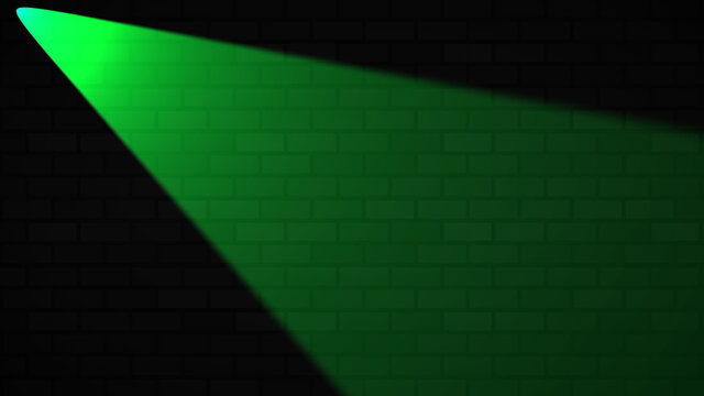 Empty brick wall with green neon spotlight with copy space. Lighting effect green color glow on brick wall background. Royalty high-quality free stock photo of lights blank background for texture