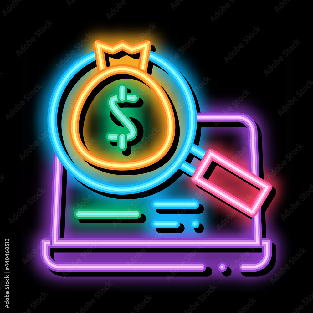 Aufkleber detection of money in computer neon light sign vector. glowing bright icon detection of money in com