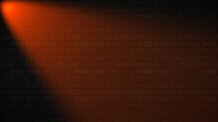 Empty brick wall with orange neon spotlight with copy space. Lighting effect orange color glow on brick wall background. Royalty high-quality free stock photo of lights blank background for texture