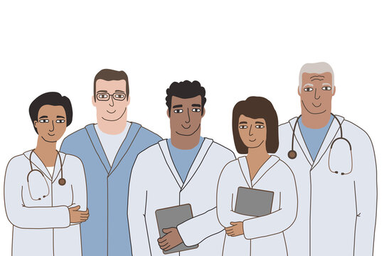 Group of doctors with laptops, stethoscopes standing together, looking at camera. Vector flat isolated illustration on white background