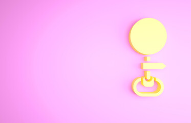 Yellow Road traffic sign. Signpost icon isolated on pink background. Pointer symbol. Isolated street information sign. Direction sign. Minimalism concept. 3d illustration 3D render