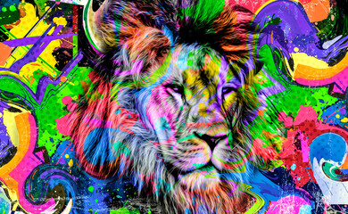 colorful artistic lion muzzle with bright paint splatters on dark background.