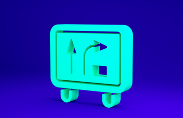 Green Road traffic sign. Signpost icon isolated on blue background. Pointer symbol. Isolated street information sign. Direction sign. Minimalism concept. 3d illustration 3D render