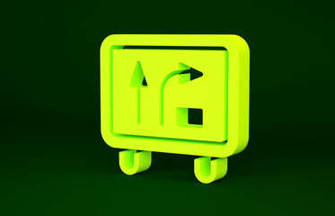 Yellow Road traffic sign. Signpost icon isolated on green background. Pointer symbol. Isolated street information sign. Direction sign. Minimalism concept. 3d illustration 3D render