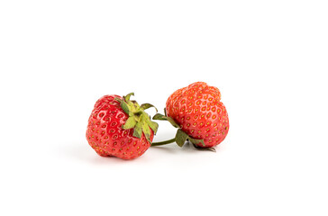Two berries of garden strawberry isolated on a white background.