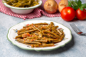 Traditional delicious Turkish food; fresh green black eyed peas food (Turkish name; Zeytinyagli yesil taze borulce or acebek)