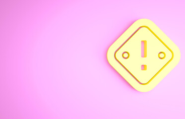 Yellow Exclamation mark in triangle icon isolated on pink background. Hazard warning sign, careful, attention, danger warning important sign. Minimalism concept. 3d illustration 3D render
