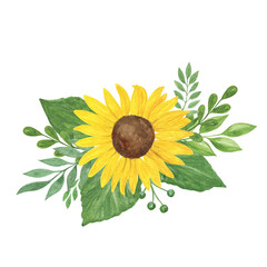 Floral composition, sunflower, leaves watercolor illustration, field agricultural plant summer bouquet, flower, branches, for greeting card, boho decor, wedding invitation template, holiday design
