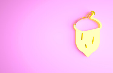 Yellow Acorn, oak nut, seed icon isolated on pink background. Minimalism concept. 3d illustration 3D render