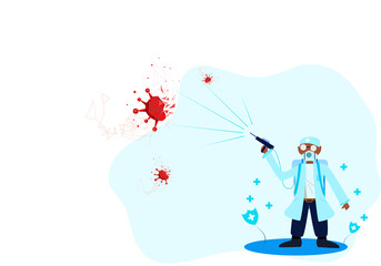 Concept protection virus, COVID-19. Doctors wearing PPE are spraying disinfectants, viruses and bacteria. Vector flat style. Illustration for content eliminates virus, Covid-19, killing, medical 