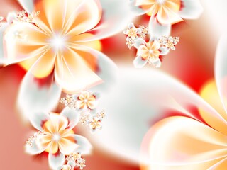 Orange fractal image as  background with flower. Creative element for design. Fractal flower rendered by math algorithm. Digital artwork for creative graphic design.