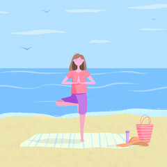 Obraz na płótnie Canvas Young girl doing yoga on beach. Healthy lifestyle, yoga outdoors. Open air workout, physical exercising, asana. Flat vector illustration.