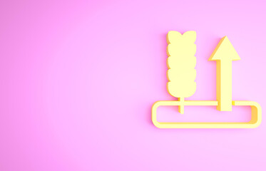 Yellow Cereals set with rice, wheat, corn, oats, rye, barley icon isolated on pink background. Ears of wheat bread symbols. Minimalism concept. 3d illustration 3D render