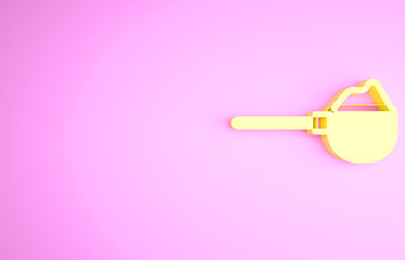 Yellow Measuring cup with flour icon isolated on pink background. Baking Ingredients. Healthy organic food. Dough cooking. Minimalism concept. 3d illustration 3D render