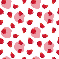 Pomegranate seeds seamless pattern. Colorfull red pomegranate seeds on the white background with red spots.