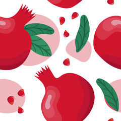 Pomegranate seamless pattern. Colorfull red pomegranate whith seeds and leaves on the white background whith red spots.