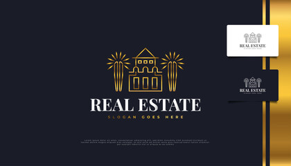 Luxury Gold Real Estate Logo Design with Line Style. Construction, Architecture or Building Logo Design Template
