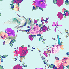 Fototapeta na wymiar Seamless floral background pattern. Abstract flowers roses, branches with heron birds and leaves on blue. Pattern for textile, fabric and other prints purpose. Hand drawn artwork illustration.
