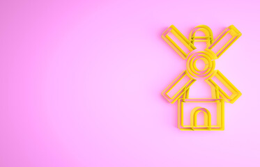 Yellow Windmill icon isolated on pink background. Minimalism concept. 3d illustration 3D render