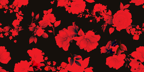 Wide vintage seamless background pattern on dark red. Peony, wild flowers with leaf and branch behind. Abstract watercolor, hand drawn, vector - stock.