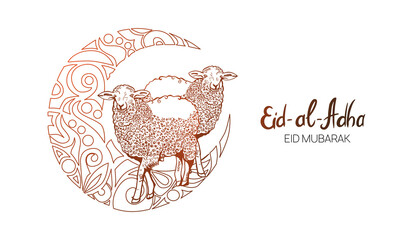 Hand Drawn Sketch of Sheep and Islamic Mosque with ornamental Crescent Moon to Festive banners of Eid-al-Fitr. Vector illustration to holidays.