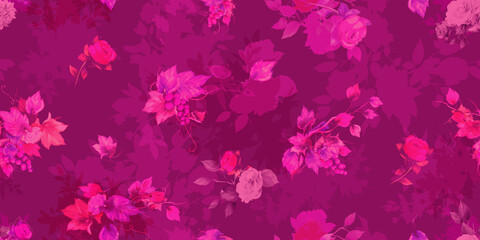 Fototapeta na wymiar Wide vintage seamless background pattern on light red. Beauty wild flowers, bunch of grape, peony and leaf around. Abstract watercolor, hand drawn, vector - stock.