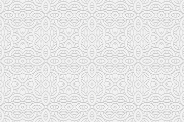 3D volumetric convex embossed geometric white background. Ethnic pattern with national ornament. Islam, Arabic, Indian, Ottoman motives. 