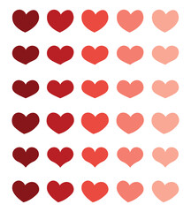 Set of hearts of different shapes of red gradient color.  Decorative background in the shape of hearts for Valentine's Day, birthday.  Template, logo, flat vector illustration