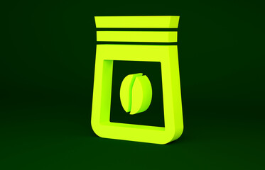 Yellow Bag of coffee beans icon isolated on green background. Minimalism concept. 3d illustration 3D render
