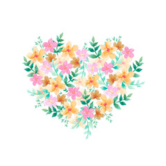 Fototapeta na wymiar Flower heart isolated on white, romantic watercolor illustration