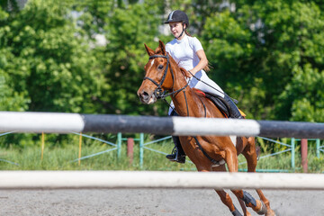 Young teen rider girl on show jumping competition