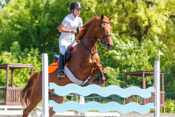Young horse rider girl jumping over a barrier on show jumping course in equestrian sports...