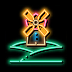 windmill in meadow neon light sign vector. Glowing bright icon windmill in meadow sign. transparent symbol illustration